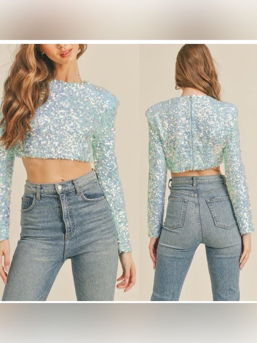 Anthro Mable White Sequin Long Sleeve Crop Top Size Small Like New